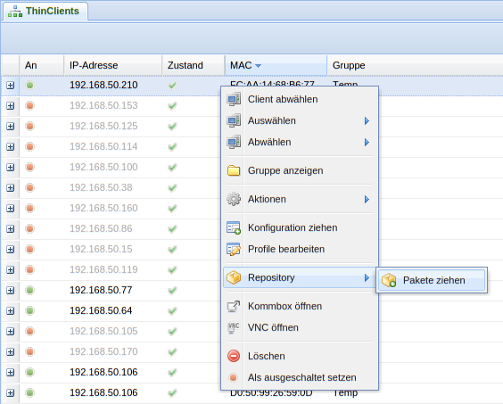 Client-Auswahl Kontextmenü -> Repository -> Pakete ziehen