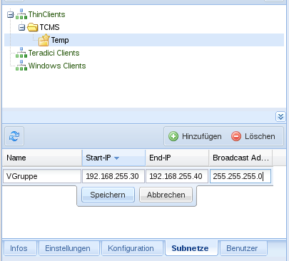 Subnetzbereich in der Temp-Gruppe anlegen