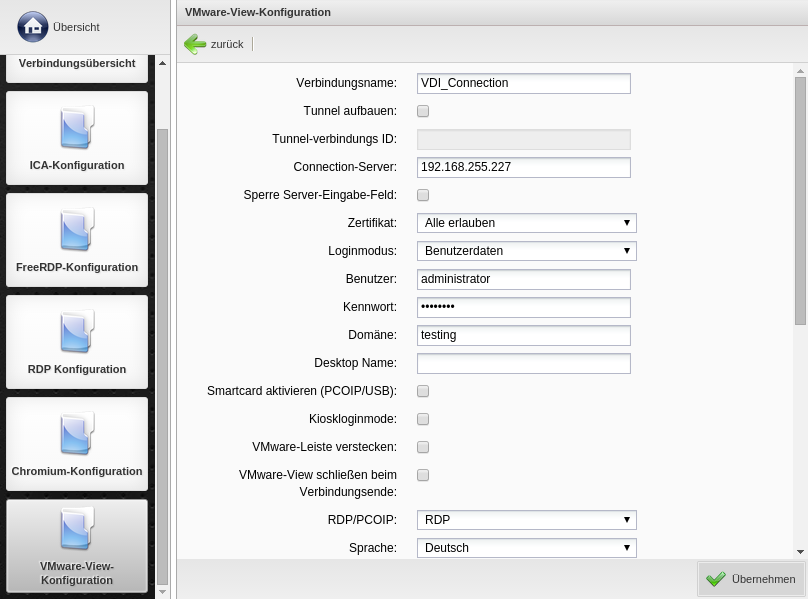 Kommbox - Verbindungen -> VMWare View Client Konfiguration -> Neue Verbindung