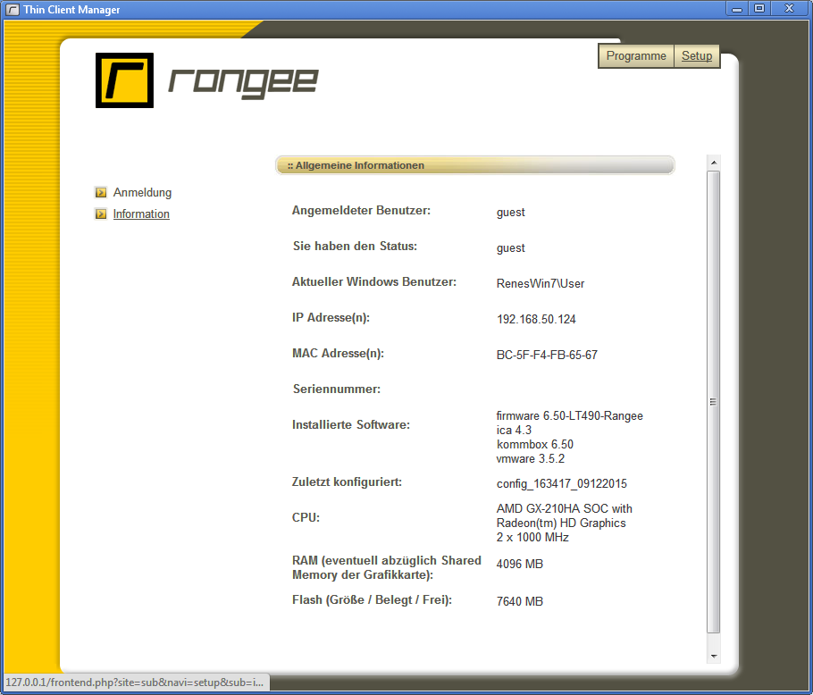 Reiter: Setup, Unterpunkt: Information